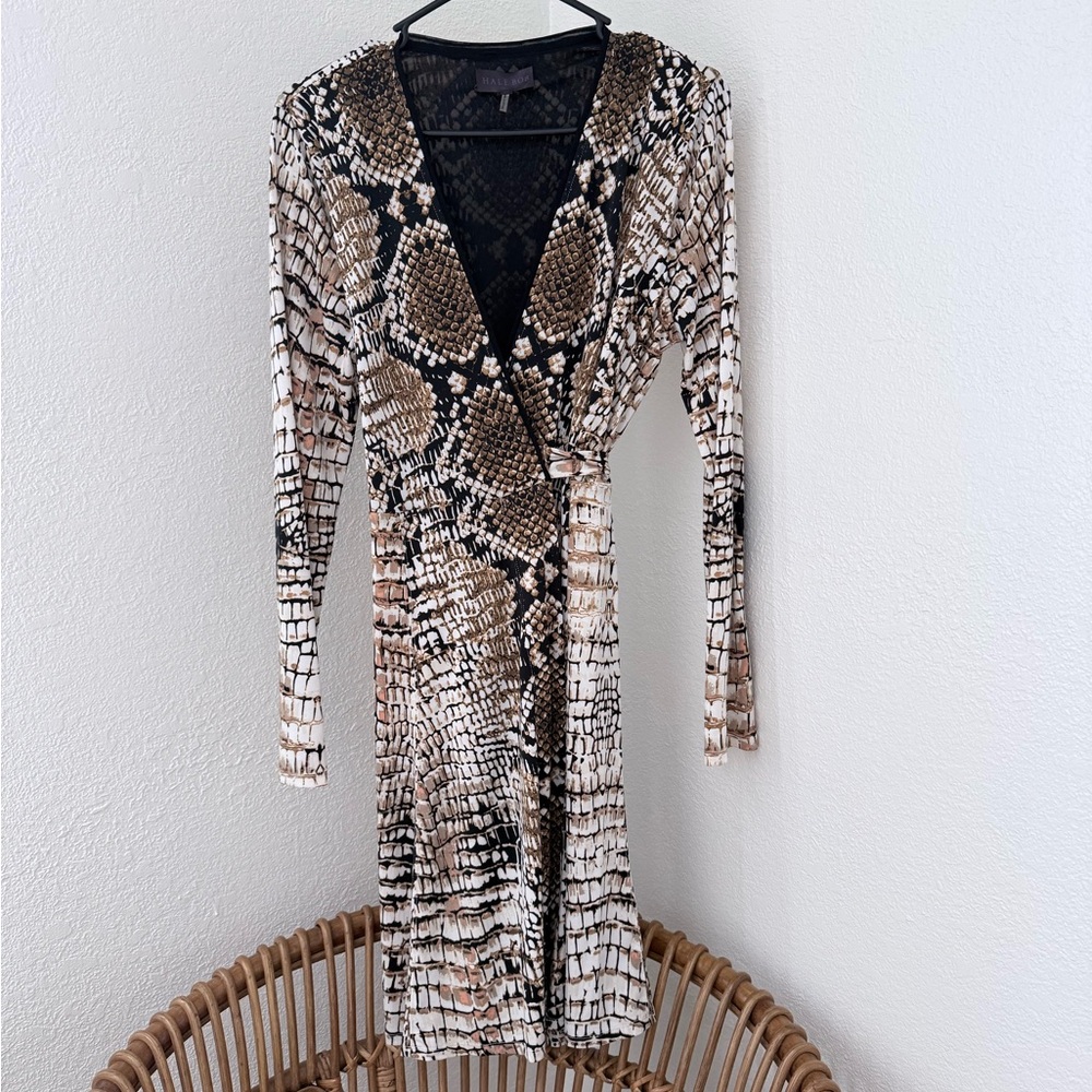 Hale Bob Snake Print Wrap Midi Dress in Black, White, Brown